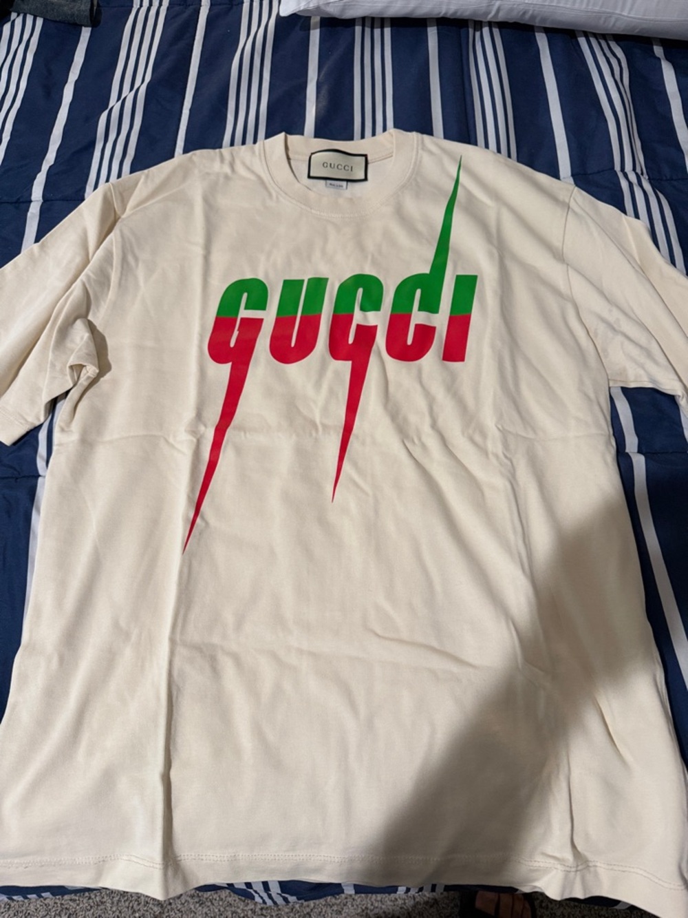Gucci Cream Short-Sleeve T-Shirt with Red and Green Logo